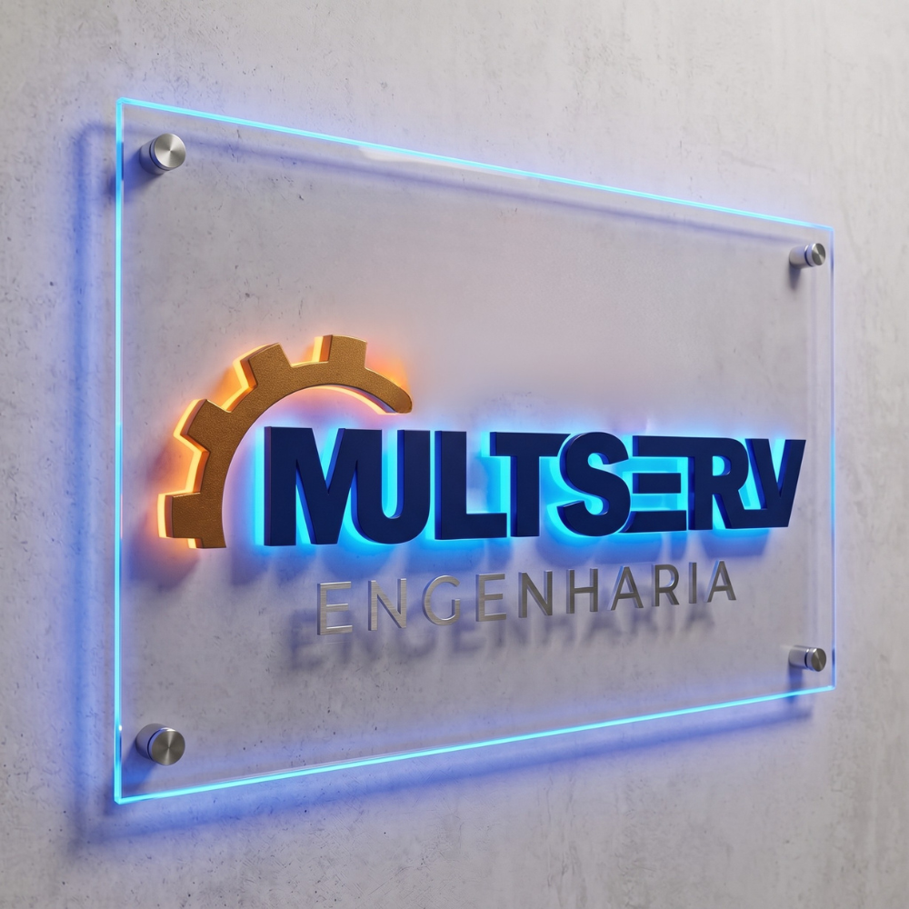 Letreiro luminoso da Multserv Engenharia com o slogan Transformando ideias em soluções